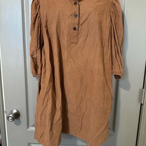 Elegant Tan Puff Sleeve Dress Gap XL Corduroy Holiday Brown Mini Fall Minimalist - Picture 3 of 6